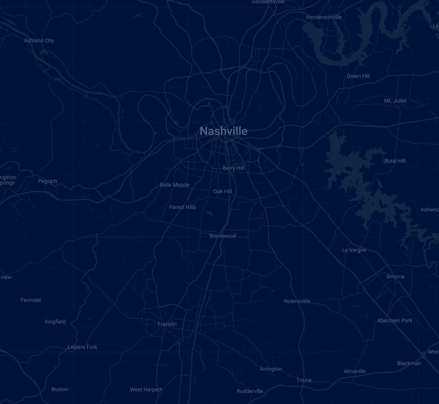 Map of Middle Tennessee centered on Nashville, covering Davidson and Williamson Counties