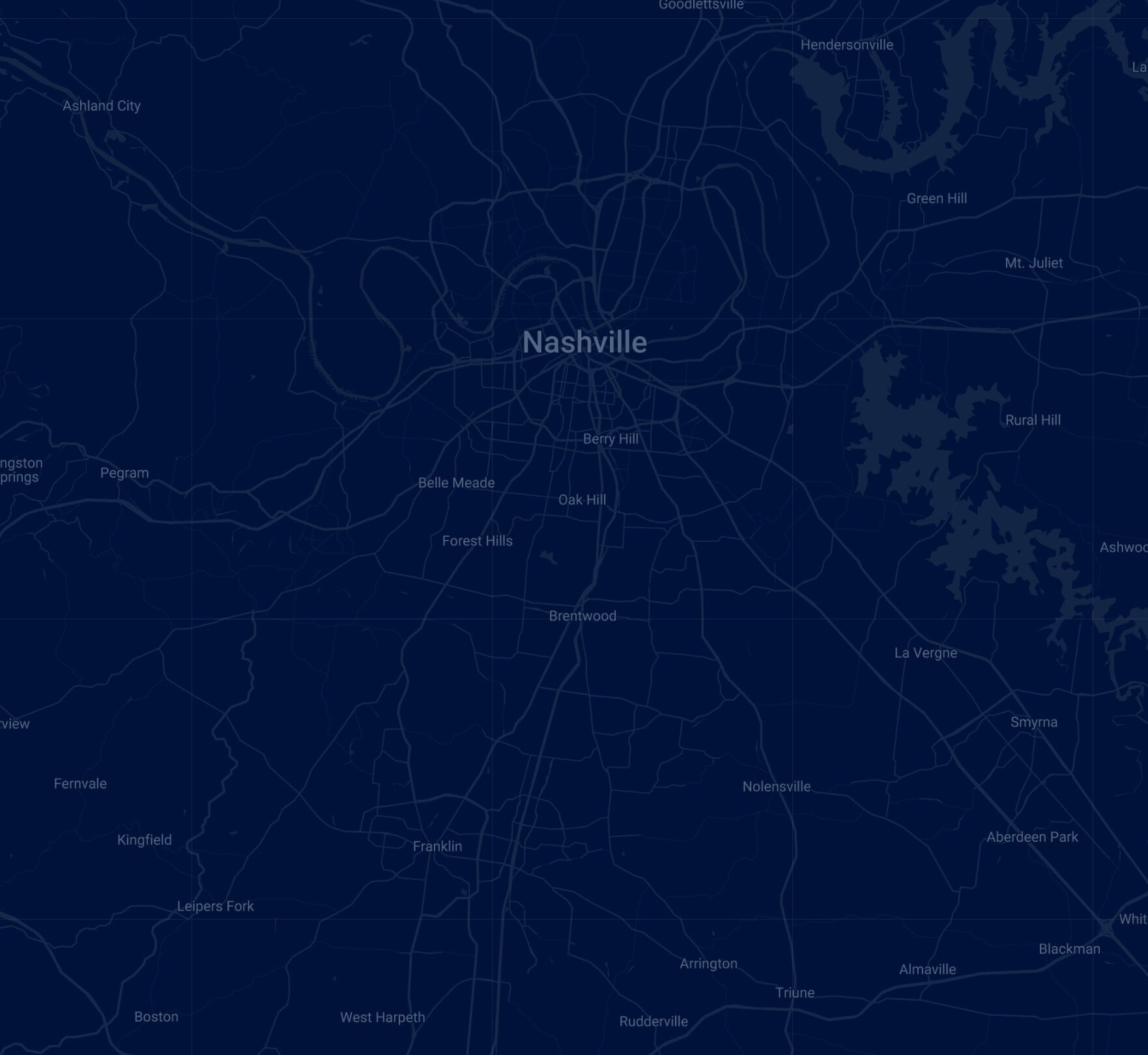Map of Middle Tennessee centered on Nashville, covering Davidson and Williamson Counties